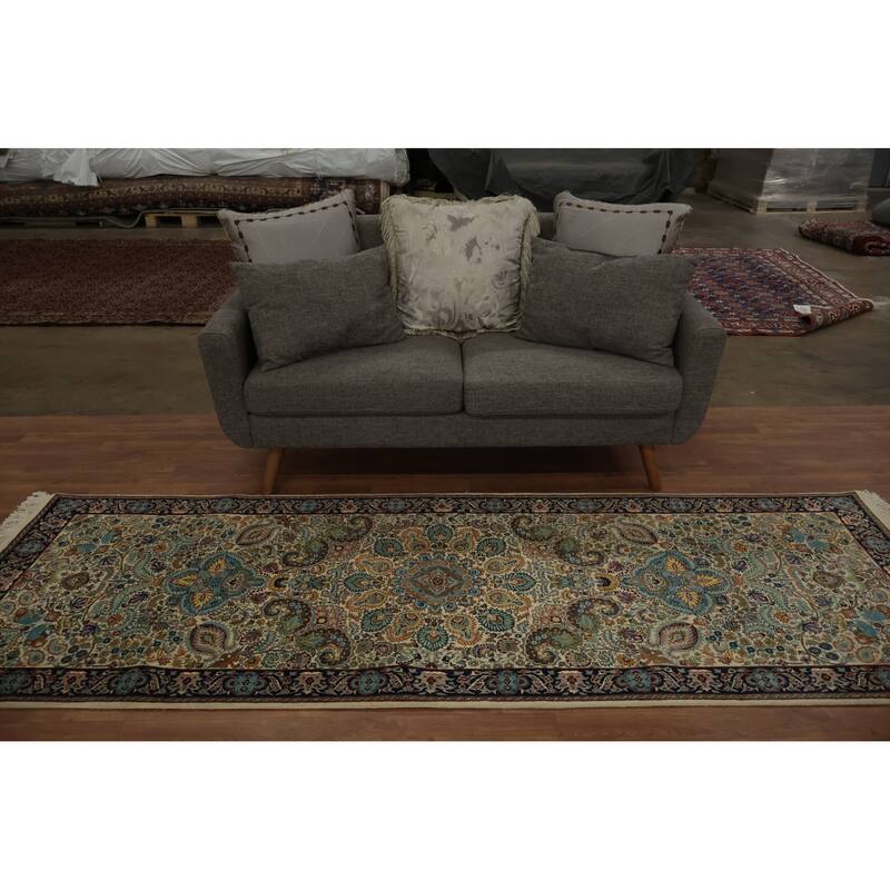 Hand Knotted Oriental 100% Wool Carpet Traditional Floral Beige & Ivories Qum Runner Rug - 9' 3'' X 3' 2''