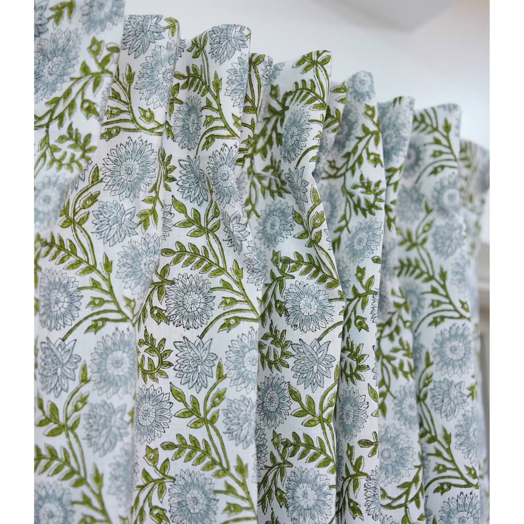 Fabdivine Floral Linen Block Print Hook Curtain, Semi Sheer Cottage Core Drapery Panel for Bedroom & Living Room, Rajat
