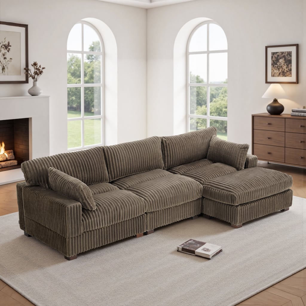 Plush Corduroy Upholstered Modular Sectional Sofa with Pillows