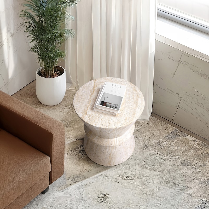 Hourglass Travertine Stone Finish Italian Design MgO Side Accent Table - 15.4"x15.4"x17.8"