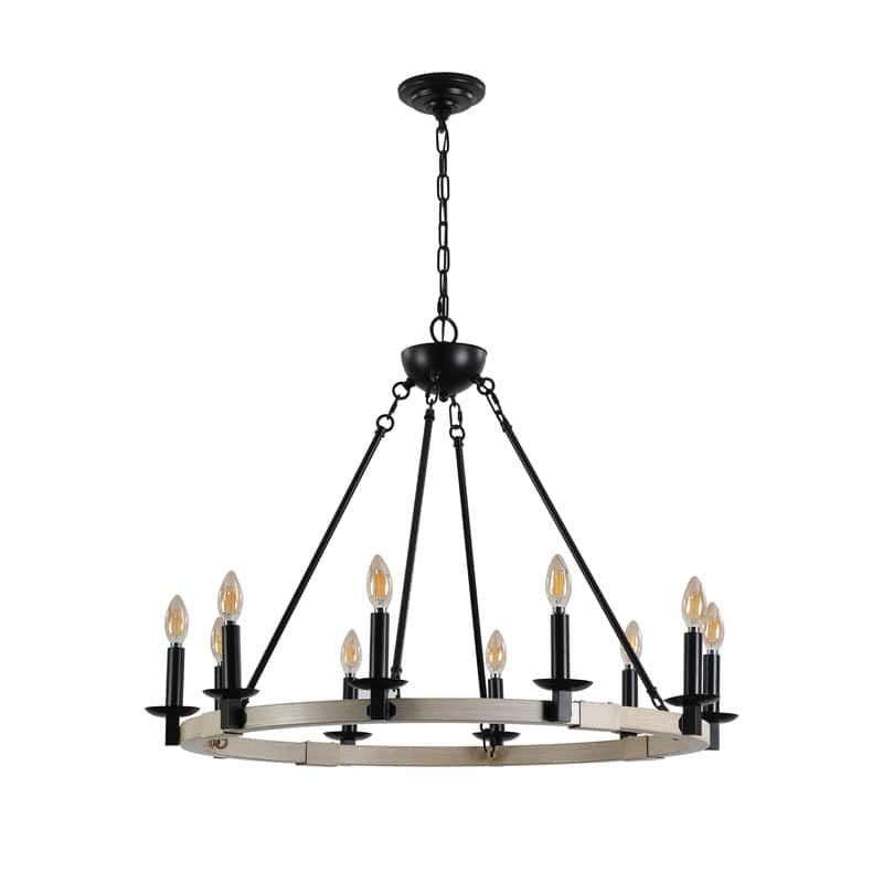 32-Inch Farmhouse Chandelier – 10-Light Black Metal & Wood Design with Adjustable Height (E12 Base, No Bulbs).