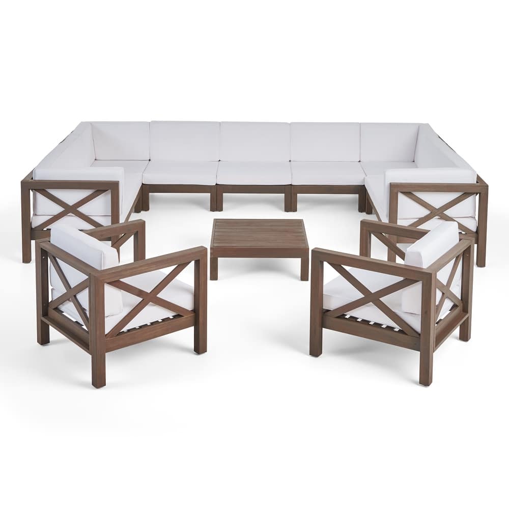 Brava Outdoor 11 Seater Acacia Wood Sectional Sofa and Club Chair Set by Christopher Knight Home