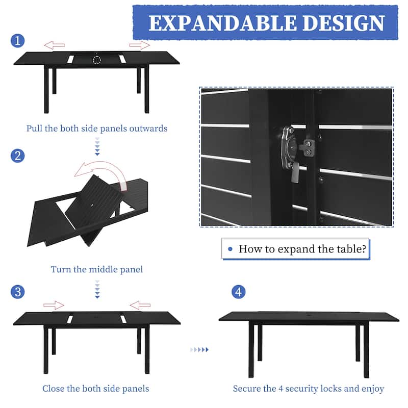 Extendable Patio Dining Table for 6-10 Person, Rectangle Aluminum Table with 1.8" Umbrella Hole for Backyard