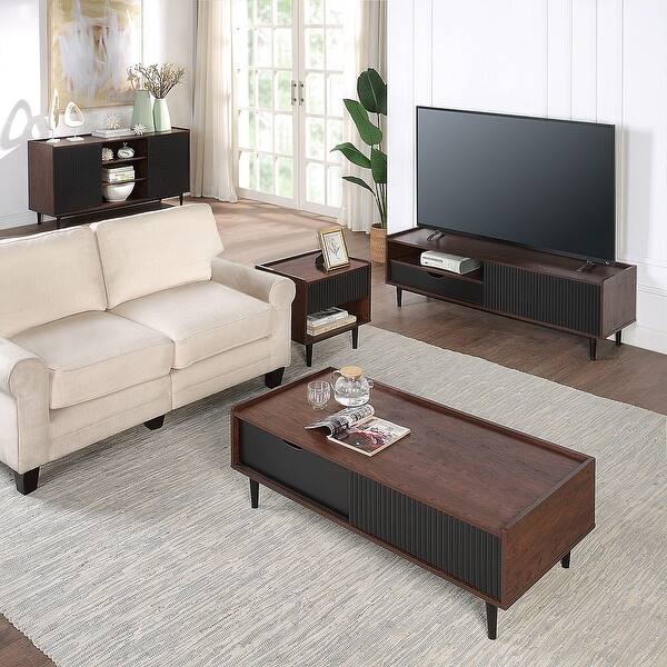 Manhattan Comfort Duane Modern Ribbed 4 Piece Living Room Set: Sideboard, TV Stand, Coffee Table, End Table in Dark Brown and Black Manhattan Comfort Duane Modern Ribbed 4 Piece Living Room Set: Sideboard, TV Stand, Coffee Table, End Table in Dark Brown and Black