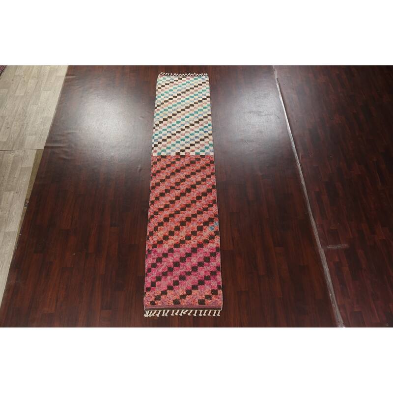 Modern Checkered Moroccan Oriental Wool Runner Rug Hand-knotted Carpet - 2'11" x 12'10"