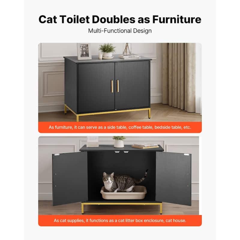 Black Cat Litter Box Cabinet with Enclosed Odor-Blocking Design Spacious Interior and Metal Legs - 27.56 x 17.72 x 21.46 in