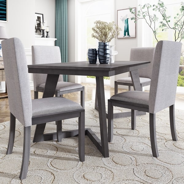 slide 1 of 10, 5-Piece Dining Set, Wood Rectangular Table with 4 Linen Fabric Chairs