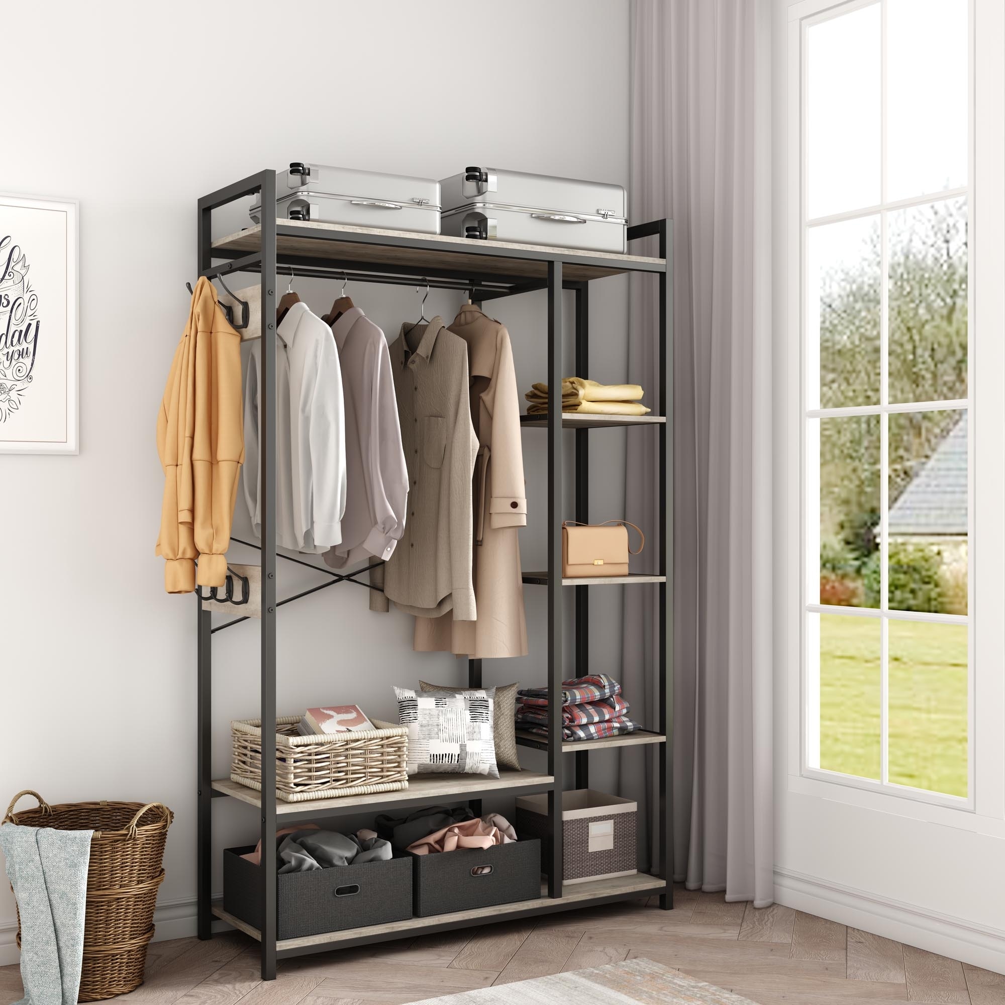 Free-Standing Hanging Closet Organizer with Storage Box Side