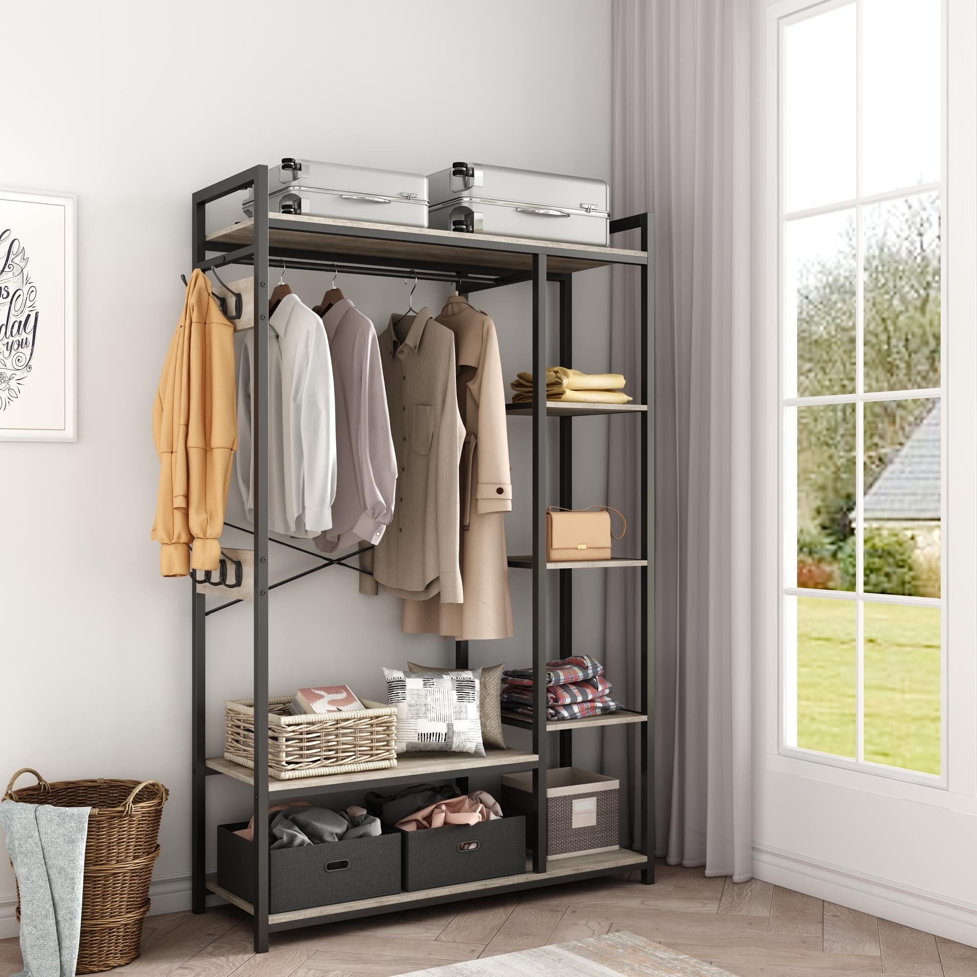 Free-Standing Hanging Closet Organizer with Storage Box & Side