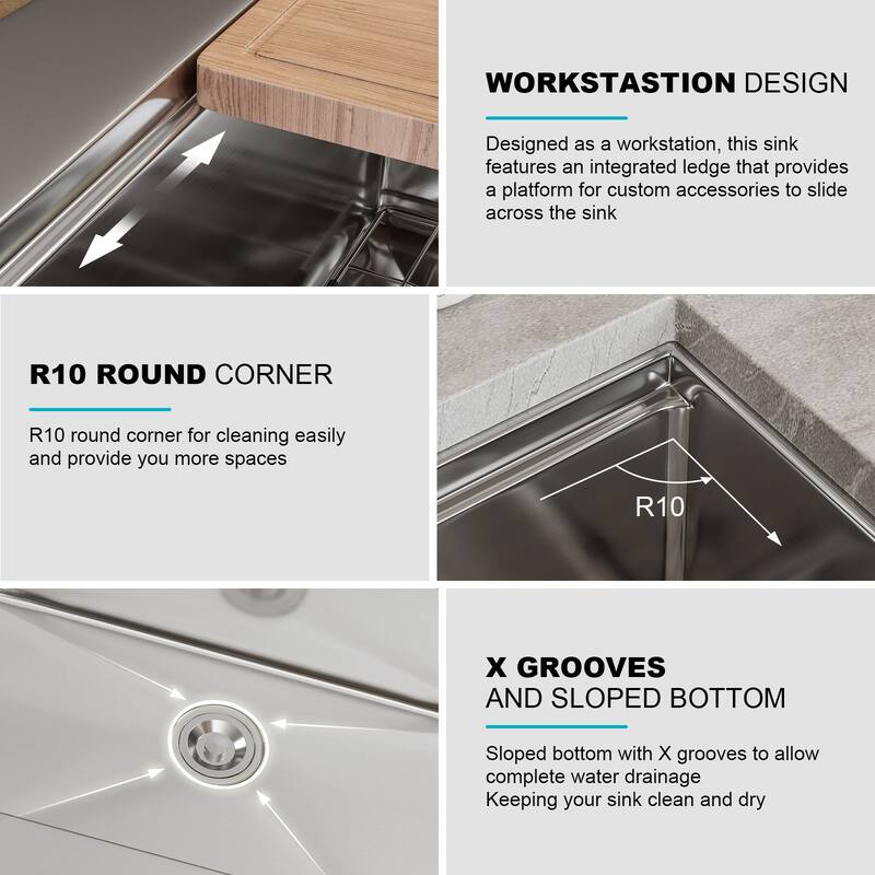 HOROW 33 in. Drop-In 18-Gauge Stainless Steel Workstation Kitchen Sink with Single Bowl and Built-In Ledge