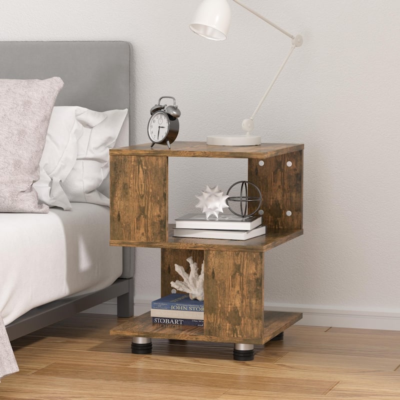 Tatami Magic Cube Nightstands with Classic Modern 2-Tier Rectangle Hollow Design - Rustic Wood Tone