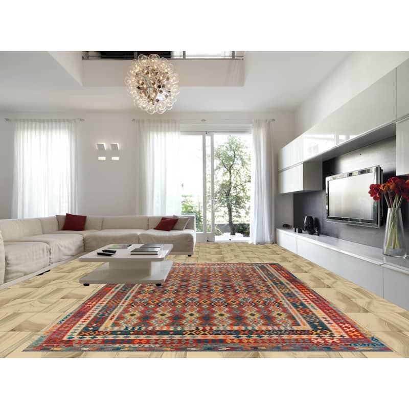 All-Over Geometric Kilim Oriental Large Rug Flatweave Wool Carpet - 10'0"x 15'9"