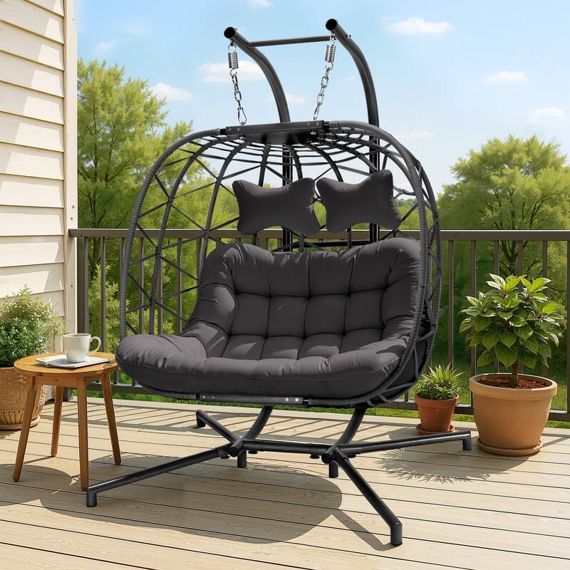 Oversized Outdoor Double Egg Hanging Chair with Cushions, 700 lbs Capacity Swing Chair for Indoor or Patio - Dark Grey