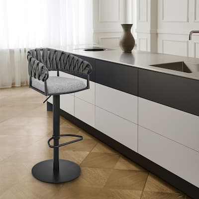 Blaise Adjustable Swivel Bar Stool, Black Metal with Gray Fabric and Faux Leather