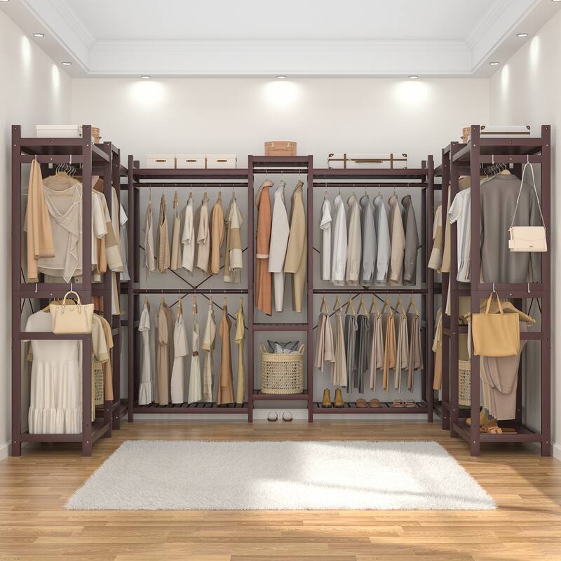 Bamboo Closet System Clothes Rack, Large Freestanding Garment Rack Clothing Rack for Hanging Clothes