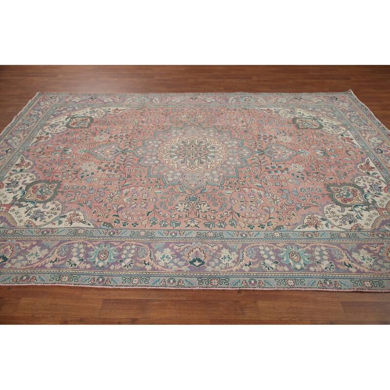 Hand Knotted Oriental 100% Wool Carpet Traditional Floral Pink Tabriz Area Rug - 9' 6'' X 6' 8''