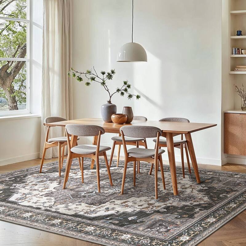 Mcow Floral Dark Gray Low-Pile Machine-Washable Non-Slip Area Rug