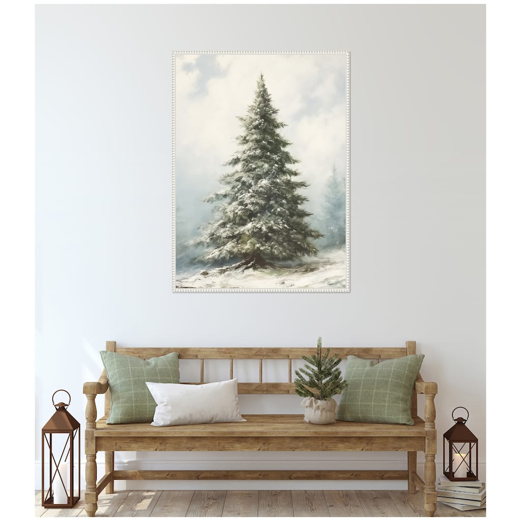 Kate and Laurel Sylvie Beaded Snow Covered Evergreen Fir Tree Framed Canvas by The Creative Bunch Studio