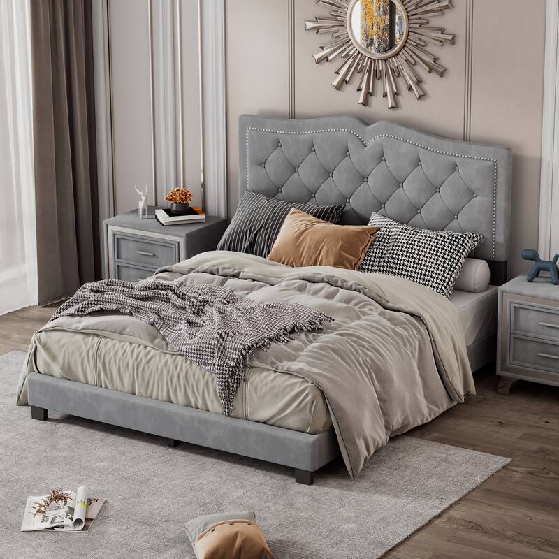 Queen/Full Size Upholstered Bed Frame with Rivet Design, Modern Velvet Platform Bed with Tufted Headboard - Grey - Queen