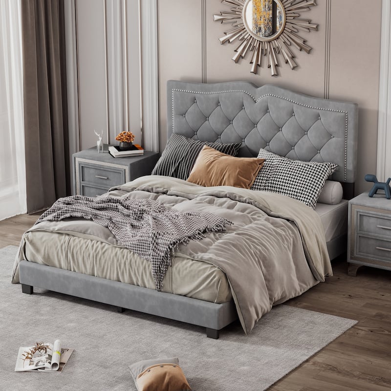 Upholstered Bed Frame with Rivet Design - Grey - Queen
