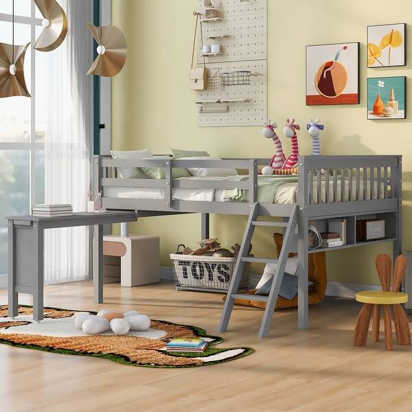 slide 2 of 27, Full Size Solid Pine Wood Frame Loft Bed With Removable Desk and Cabinet Grey