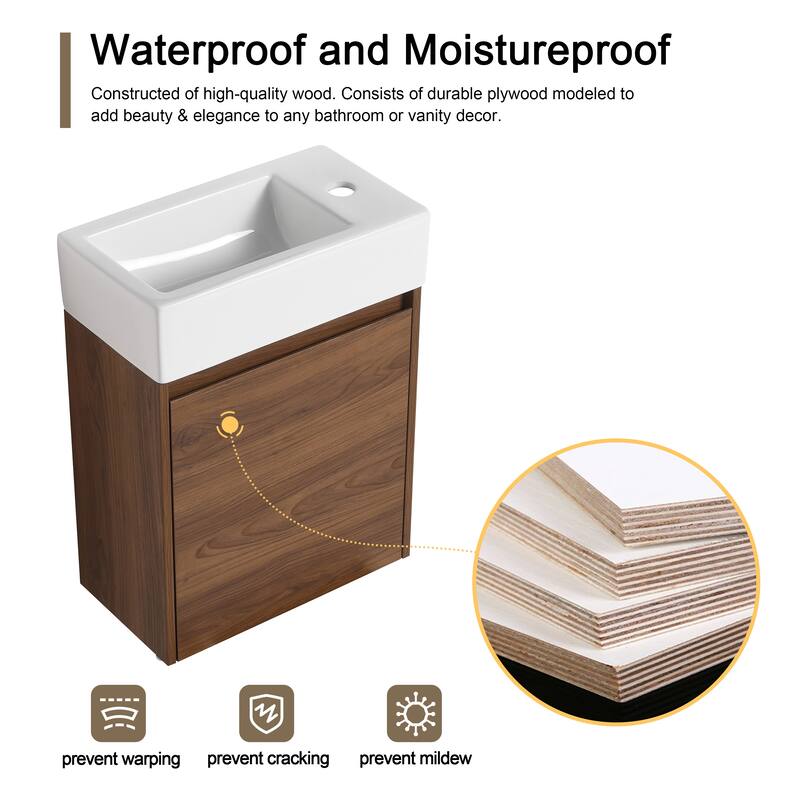 Malwee 16"/18" Floating Bathroom Vanity, Mini Wall Mounted Bathroom Vanity with Ceramic Sink and Soft Close Door