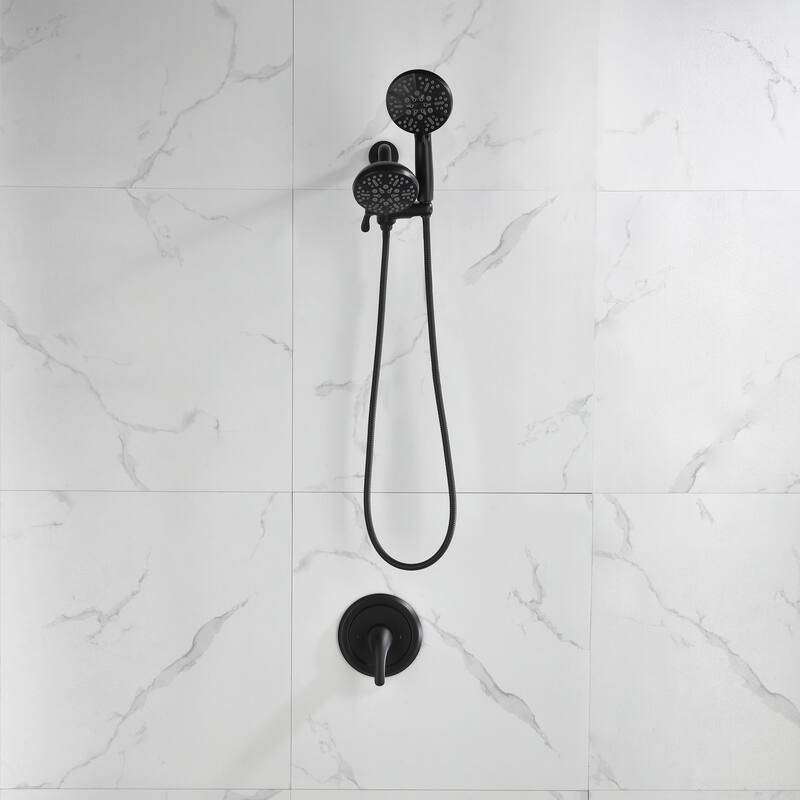 Wall Mount Shower Faucet with Rough-in Valve Brass Matte Black Dual Head Shower System with Hand Shower