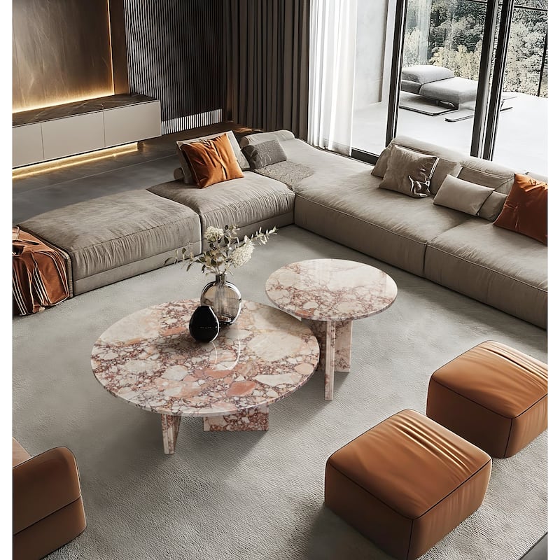 Modern Marble Coffee Table Set Luxury Marble Coffee Table Natural Stone Coffee Table, for Living Room‌, Pink - Pink