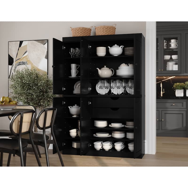 Palace Imports 100% Solid Wood Pantry Cabinet, Raised Panel Doors, 2 Drawers, Adjustable Shelves, 48.5" Wide, 71.5" Tall - Black