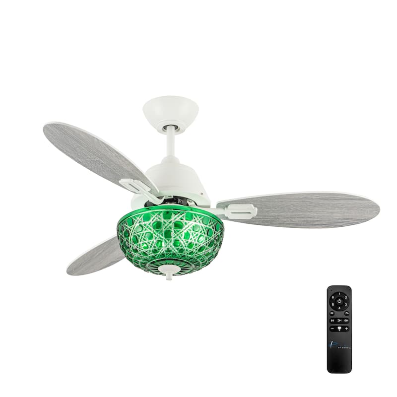 Izzy River of Goods 3-blade 42-inch Modern Indoor Ceiling Fan with Green Hand-Cut Glass Shade and Remote Control - 42" x 42" x 18.75" - Green/White - Remote