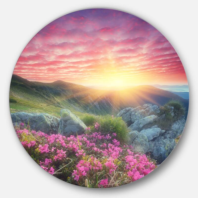 Designart 'Morning with Flowers in Mountains' Landscape Photo Disc Metal Wall Art - 11 x 11 - disc of 11 inch