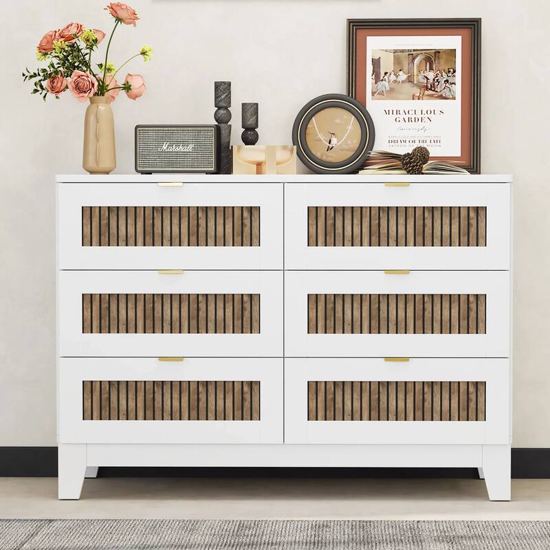 Rustic Farmhouse Style Wooden Dresser with 6 Drawers, Storage Cabinet for Bedroom with Metal Handles - White