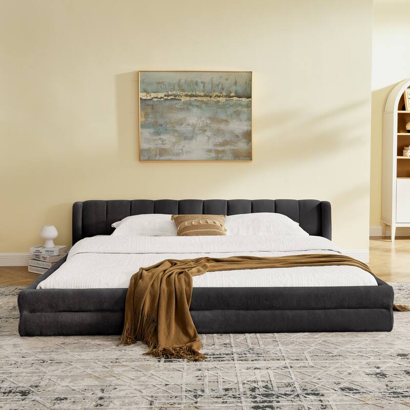 King Size Upholstered Bed Frame with Thick Fabric, comfortable upholstered bed frame, Chenille fabric, with headboard