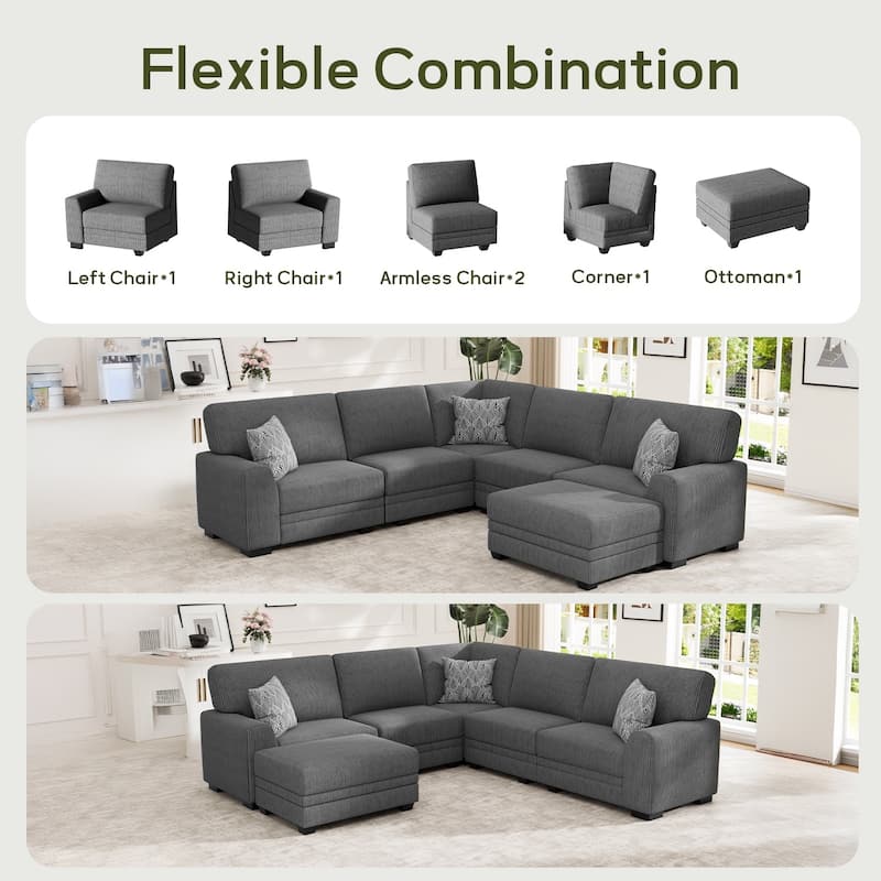 6 Piece Modular Corduroy Sectional With Ottoman