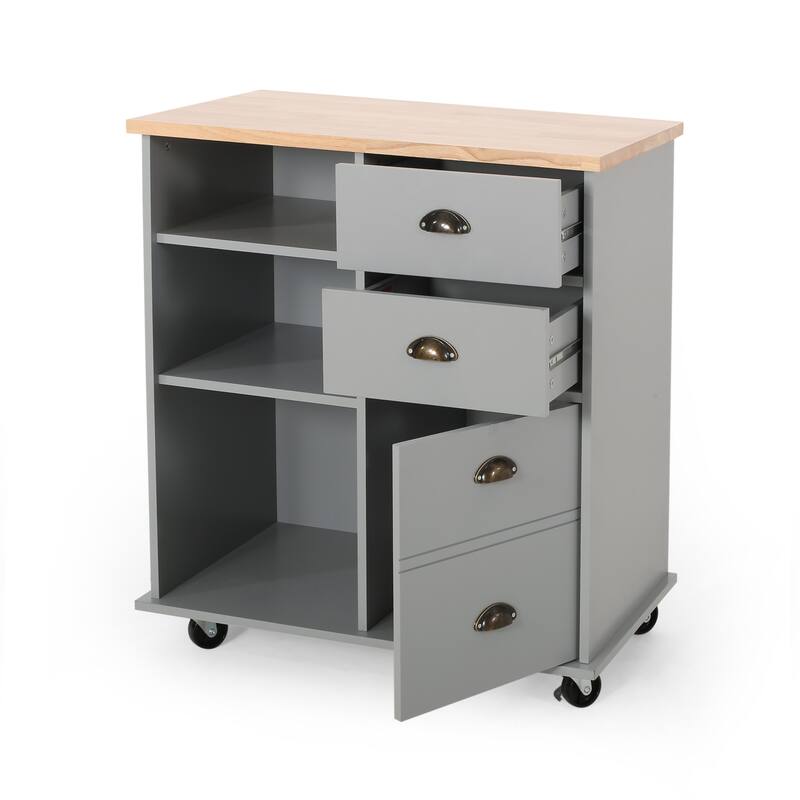 Fixed Wheel Rolling Modern Kitchen Utility Cart with 2 Drawers, 1 Cabinet, 3 Shelves and Rubberwood Top, Gray