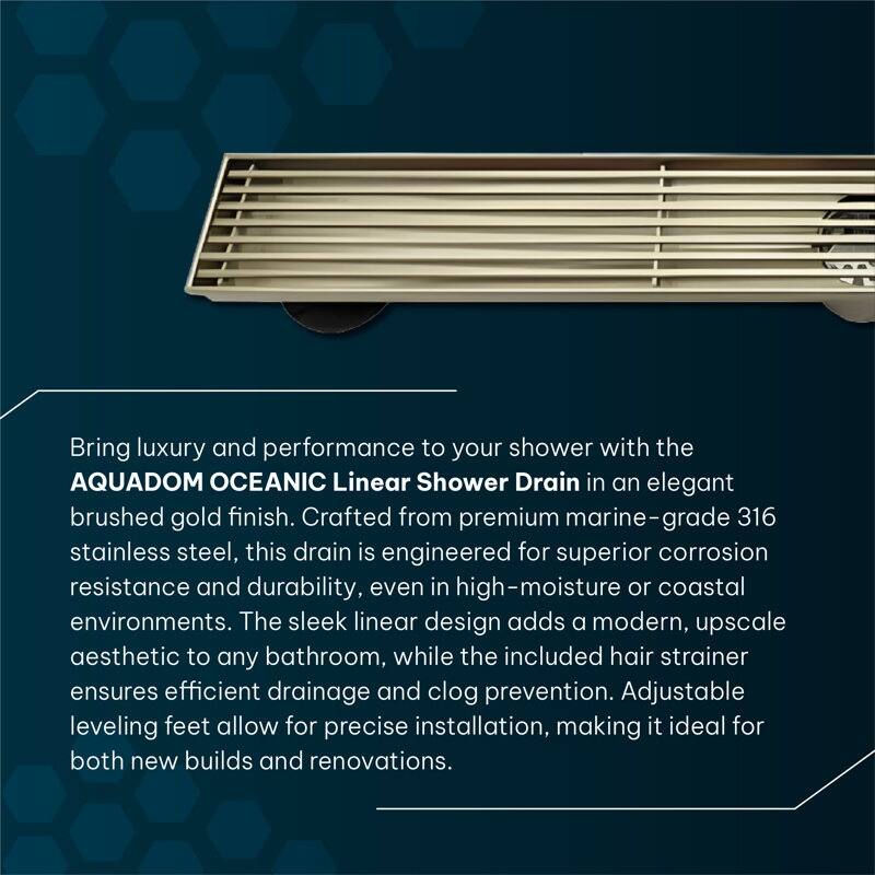 Oceanic Linear Shower Drain, Marine-grade 316 Stainless Steel, Grid Cover with Hair Strainer