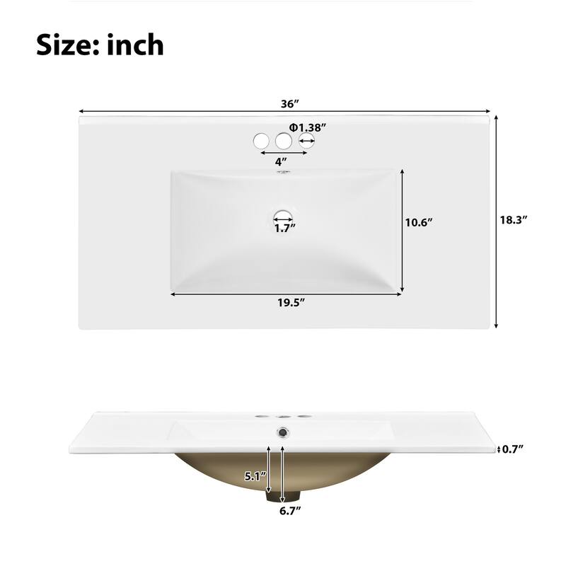 36 inch Bathroom Vanity with Ceramic Sink, Soft Close Doors, 4 Drawers