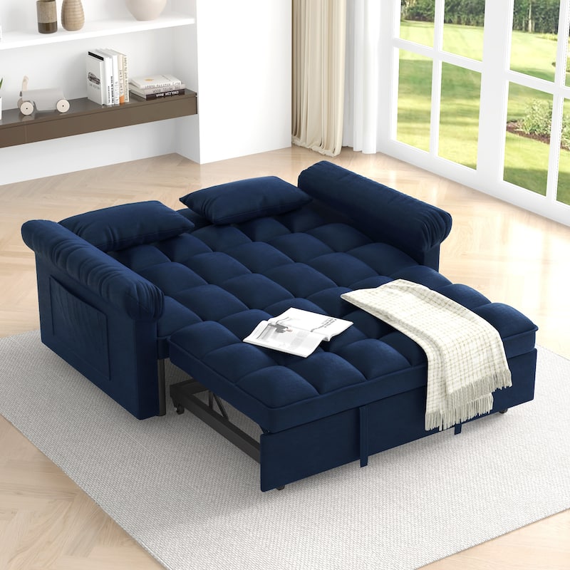 Flannel Sleeper Sofa Bed Loveseat Recliners Couch with Pull-Out Trundle, Adjustable Backrest, Round Arms and Side Pockets