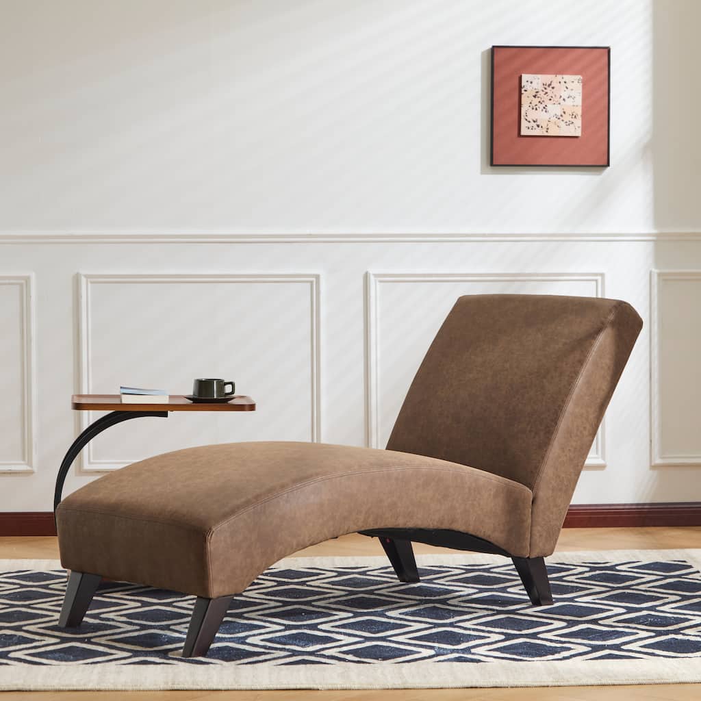 Roomfitters Modern Faux Leather Chaise Lounge with Curved Seat and Angled Wood Legs, Dark Coffee