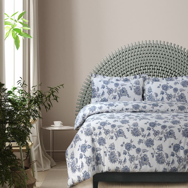170-GSM Cozy Cotton Flannel Printed Oversized Duvet Cover Set - Ayana Deep Blue - Queen