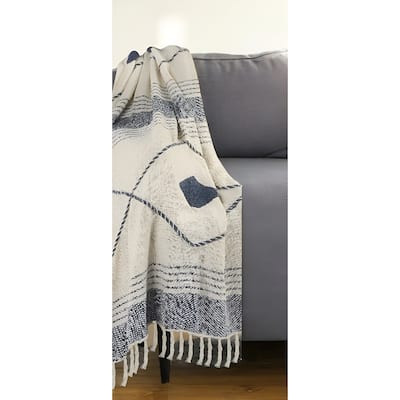 60" X 50" Blue and Off White Woven Cotton Striped Throw Blanket with Fringe