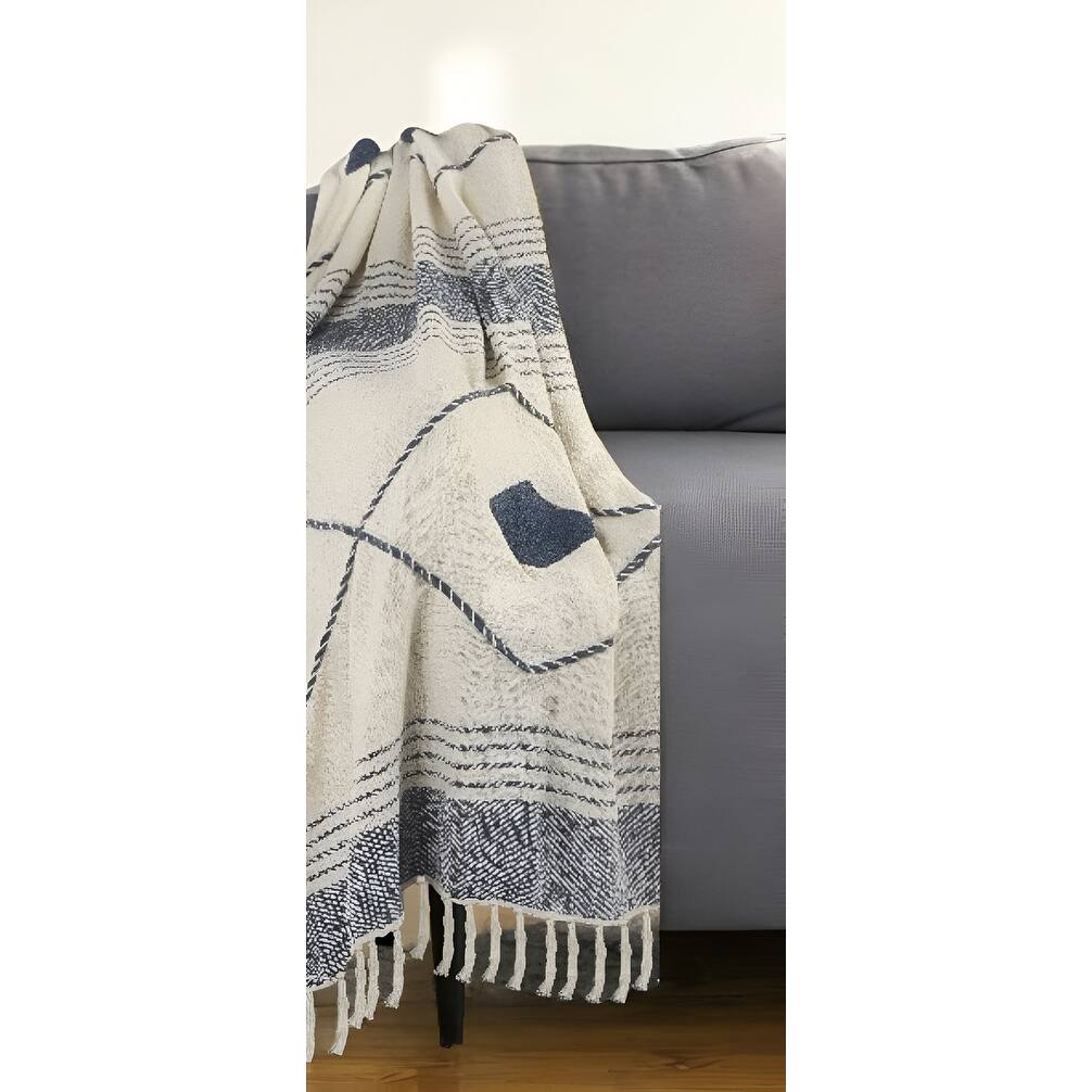 60" X 50" Blue and Off White Woven Cotton Striped Throw Blanket with Fringe