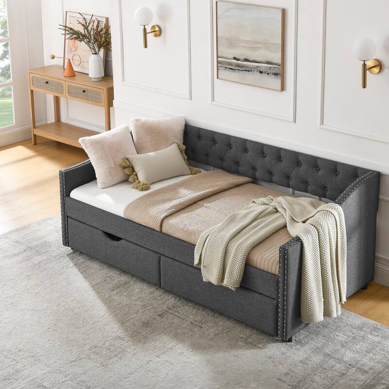Twin Daybed with Drawers,Linen Upholstered Bed with Button on Back and Copper Nail