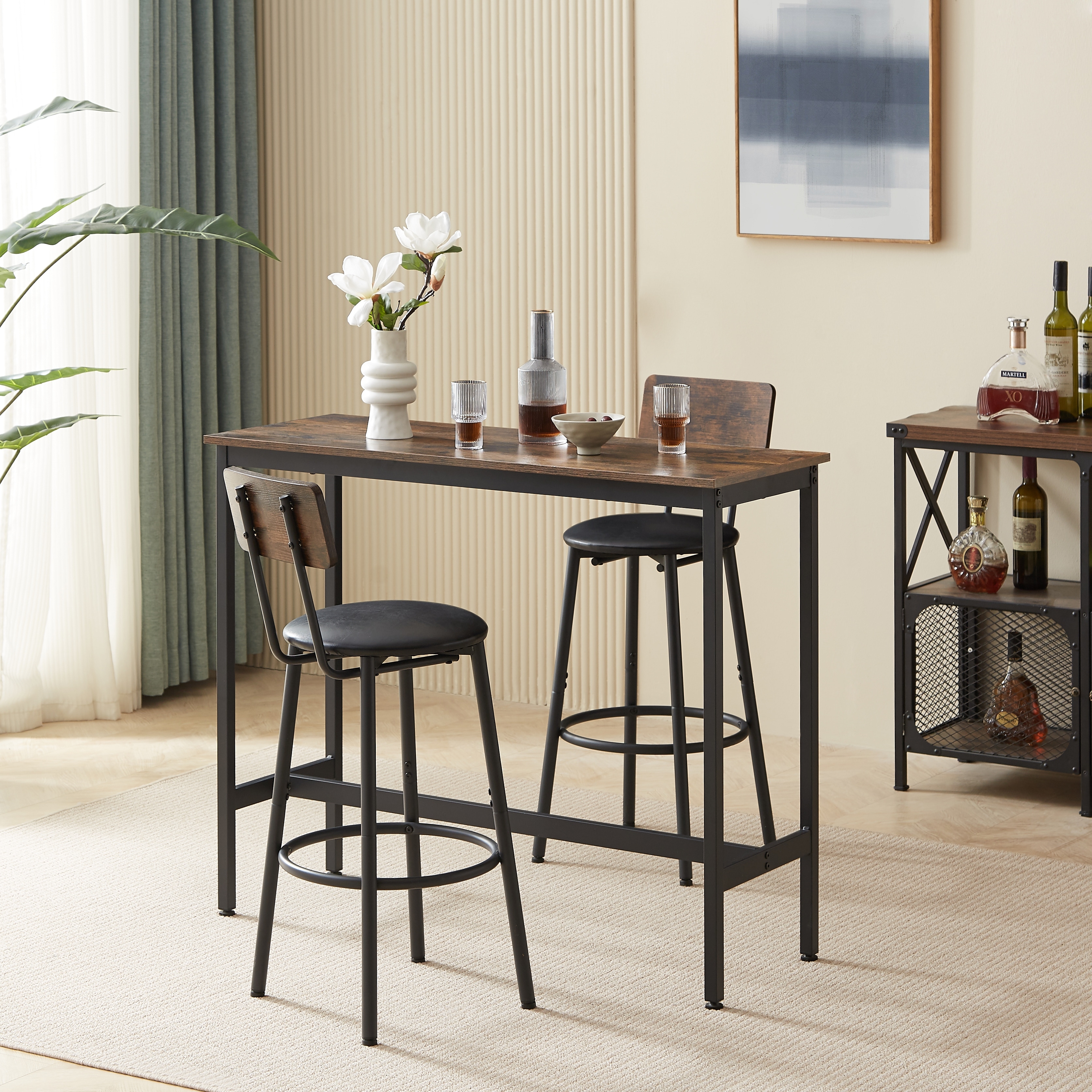 Rustic Brown Sofa Side Table and Chairs Set, Bar Chairs with Curved Back, Retro Dining Table and Chairs Set for 2