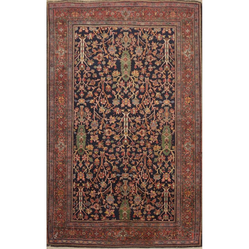 Hand Knotted Oriental 100% Wool Carpet Traditional Floral Navy Blue & Blues Sarouk Area Rug - 6' 7'' X 4' 2''