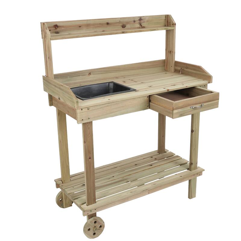 Natural Wood Mobile Potting Bench with Storage