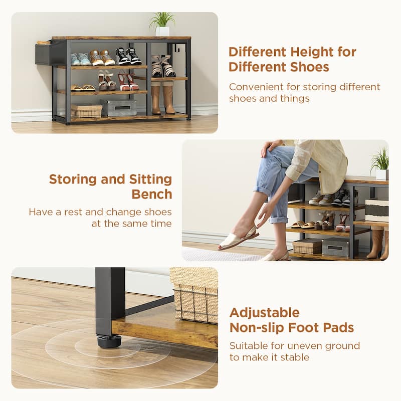 Industrial Hall Tree, 4-in-1 Entryway Coat Rack and Shoe Bench Rack Set with 5 Shoe Storage Cabinets