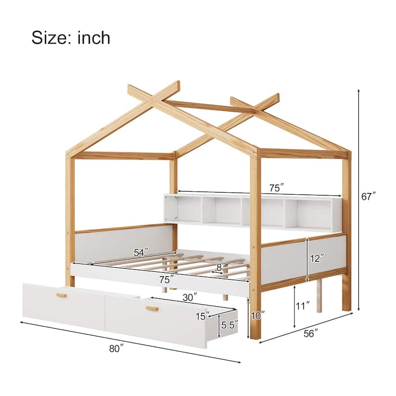 Wooden House Bed with Dual Storage Drawers & Built-in Bookshelf by Harper&Bright Designs