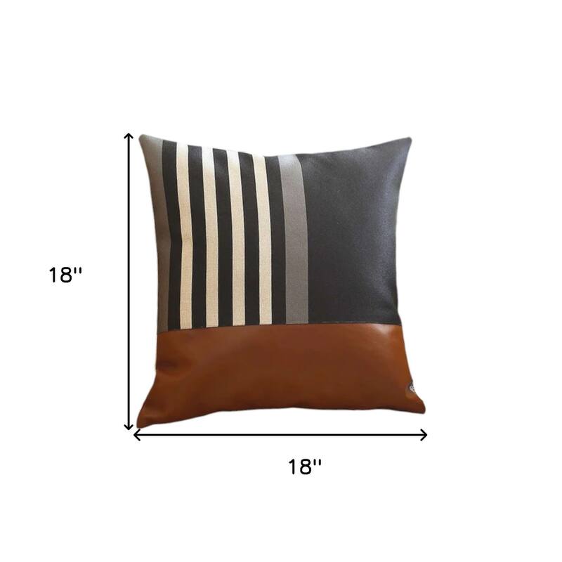 Set of Four 18" Brown Black and Ivory Striped Fabric and Faux Leather Throw Pillows