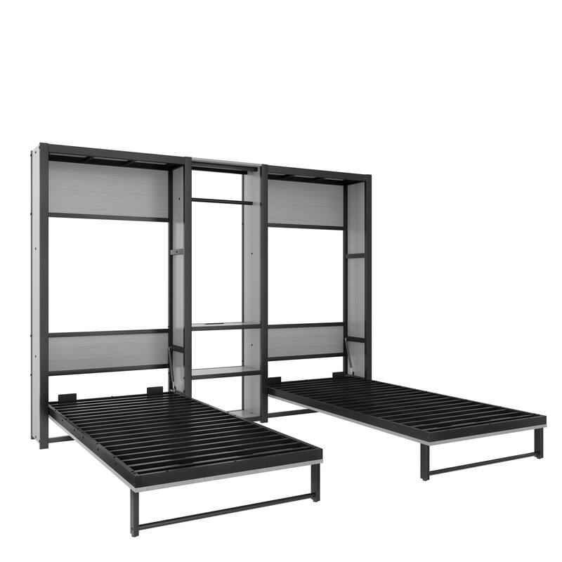 Roomfitters Twin and Twin Metal Foldable Murphy Bed with Wardrobe, Shelves & Power Outlets, 2-in-1 Space-Saving Design